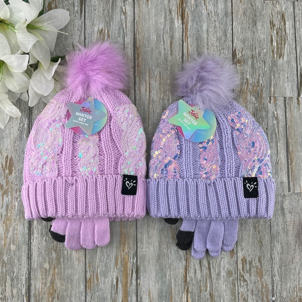 Girls Justice Sequin Cable Knit Hat and Gloves Set Pink 2-Pack